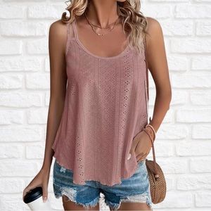NEW Eyelet Cami w/Double-Strap Criss-Cross Back & Lettuce hem | Mauve/Dusty Rose